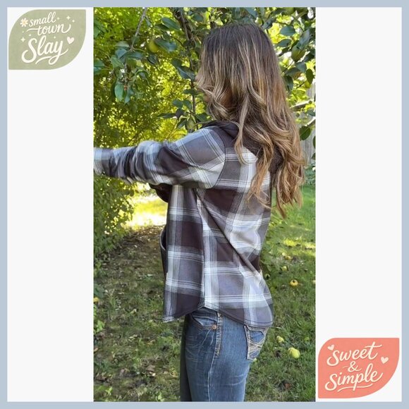 Women's Plaid Fleece Jacket Hooded Full Zip Casual Fall Winter Warm - Picture 7 of 7